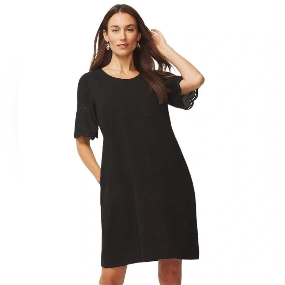 Chico's Scallop-Embroidered Knee Length Dress Black Slub Lace Sleeve Sz 12 Chic